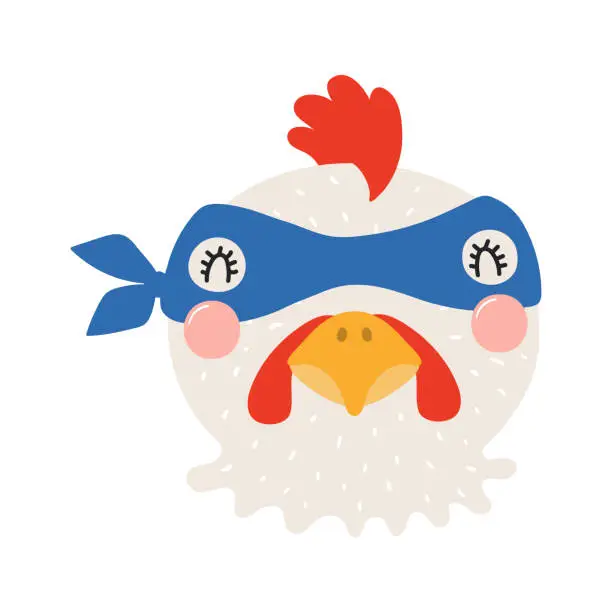 Vector illustration of Cute funny chicken superhero face in mask cartoon character illustration.