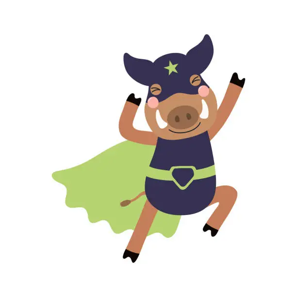 Vector illustration of Cute funny wild boar superhero in costume cartoon character illustration.