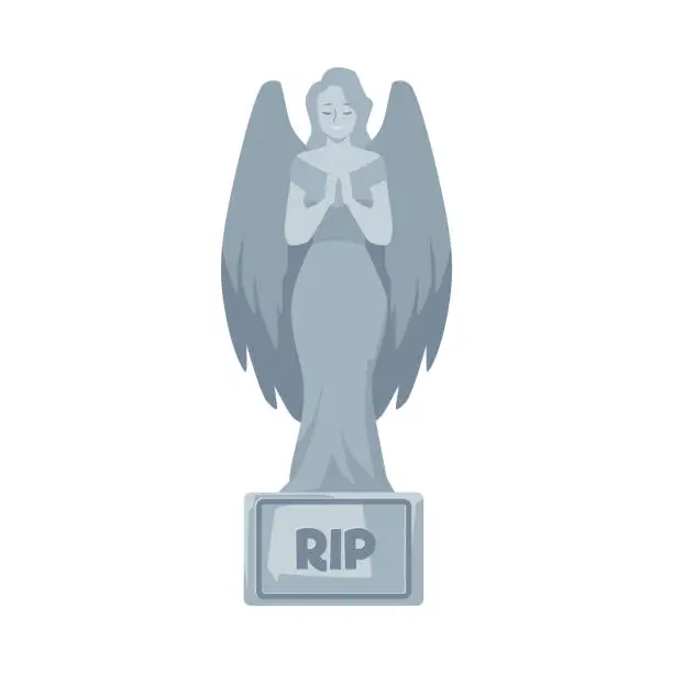 Vector illustration of Angel stone monument, cemetery marble tombstone memorial, vector funeral rock angel statue praying woman with wings, RIP