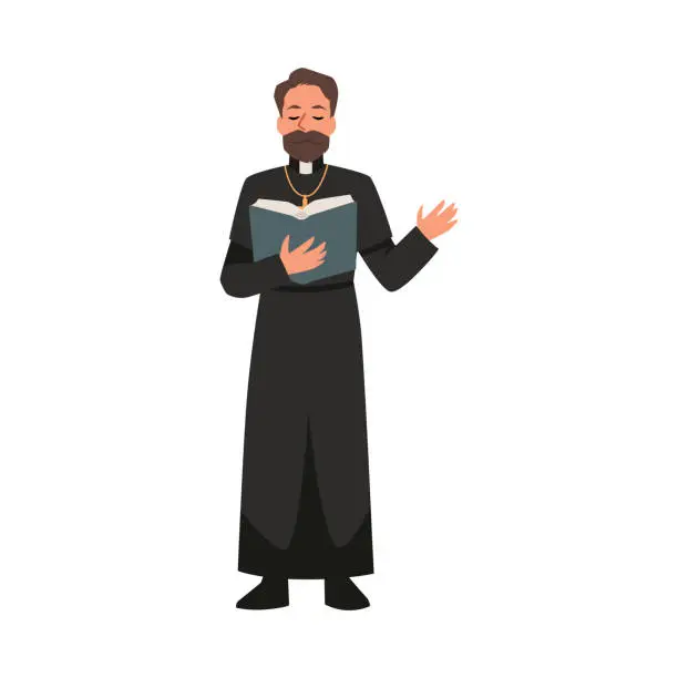 Vector illustration of Priest reading Bible book vector Pastor doing ceremony at funeral, makes a mourning speech ritual, Christianity religion