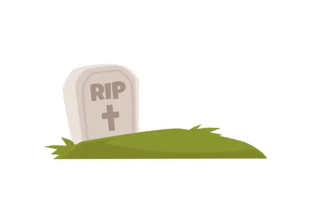 Vector illustration of Gravestone with grass lawn, tombstone on grave with text RIP and cross, cemetery, Halloween, funeral vector isolated