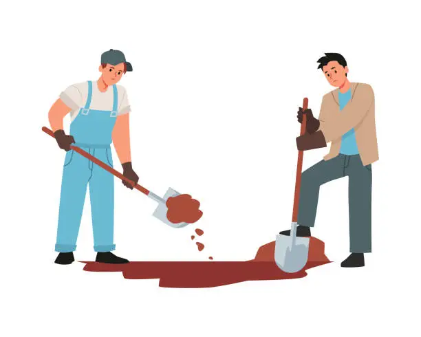 Vector illustration of Two men dig a hole with shovels, vector funeral service workers making a burial place, pit for a grave on the cemetery