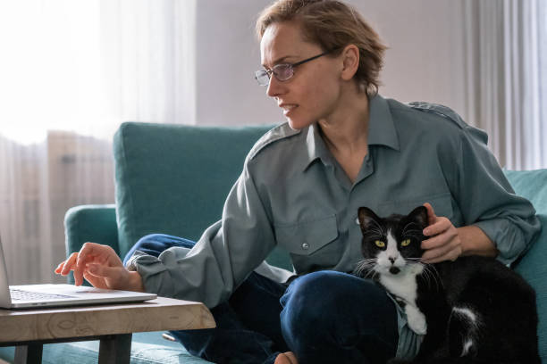 istock Black and white cat living with a freelancer who works from home 2000435967