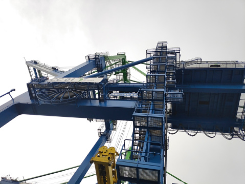 Sorong, Southwest Papua, Indonesia, April 22nd 2021. Quay crane on the seaside dock. Images are showing parts of quay crane and gantry crane.