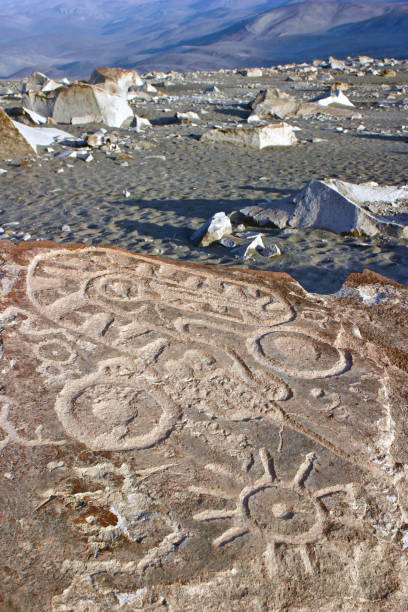 Toro Muerto, Arequipa Region, Peru.  May 20th 2006.  Petroglyphs dated to the Wari culture on rocks in the Atacama Desert near the village of Corire, Peru.