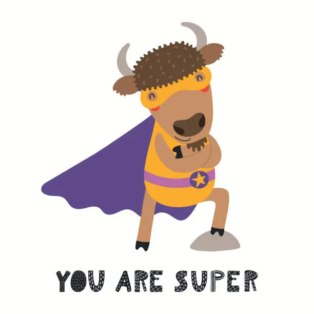 Vector illustration of Cute bison superhero