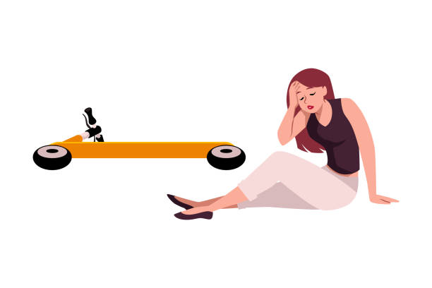 Girl fell from the scooter, accident, vector illustration isolated on white Girl fell from the scooter, vector illustration in flat cartoon style isolated on white background. Young woman sits on the ground and holds her head, trauma after an accident, the scooter lies nearby sports head injury stock illustrations
