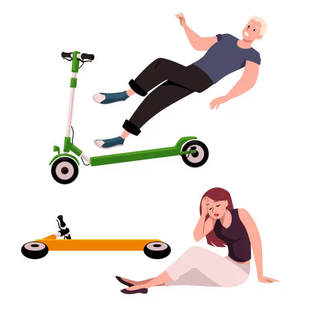 Vector illustration of People without helmet fell off electric scooter and holding head while sitting, crash accident on road isolated vector