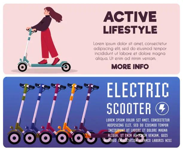 Vector illustration of Woman riding electric walk scooter, row of electric scooters eco urban transport, Active lifestyle vector flyers set