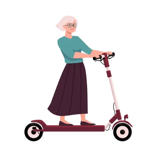 Vector illustration of Elderly woman in glasses riding electric walk scooter, eco transport, vector sharing service, pensioner have fun trip