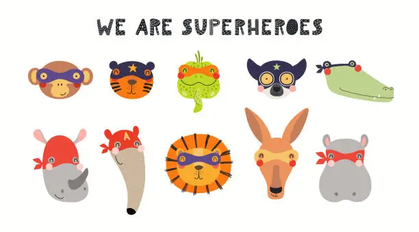 Vector illustration of Cute exotic animal superheroes faces in masks