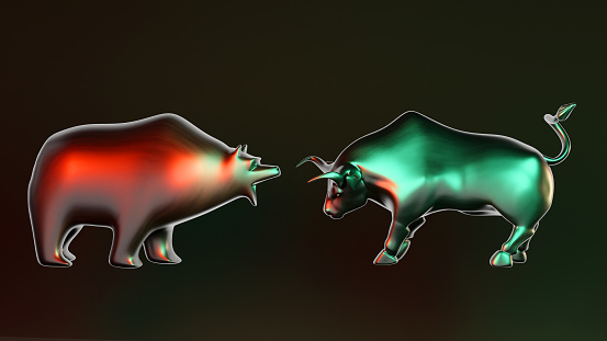 concept of stock market exchange or financial analysis,bull and bear with futuristic element