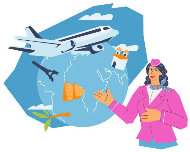 Vector illustration of Stewardess or air hostesses cartoon character on background of globe vector.