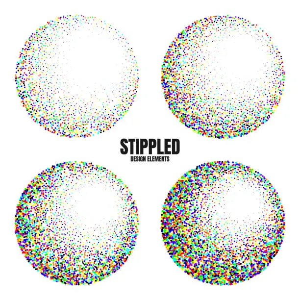 Vector illustration of Round shaped dotted objects, vintage stipple elements. Fading gradient. Stippling, dotwork drawing, shading using dots. Colored disintegration effect. Noise grainy texture. Vector illustration