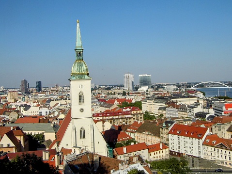 Bratislava old town Buda Pest historical building ancient columns balcony architecture downtown main street square tower church cathedral Slovakia