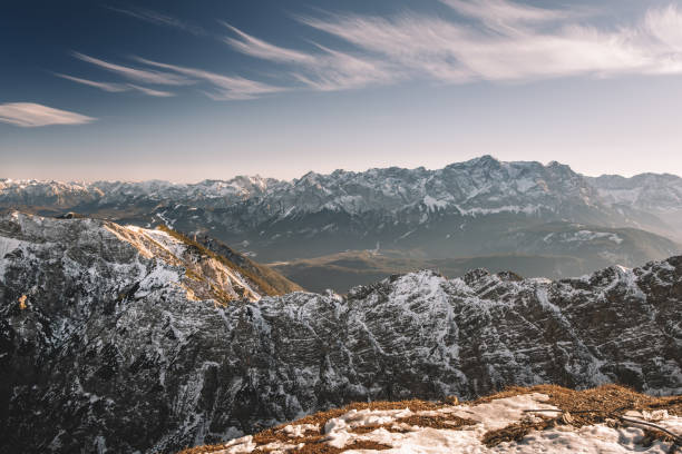 View from Kreuzspitze in the Ammargau Alps towards Eibsee and Zugspitze of Garmisch-Partenkirchen in Bavaria, Germany
