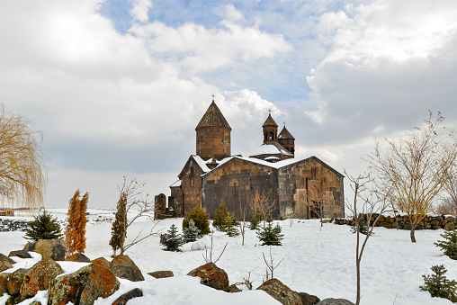 The Saghmosavank Monastery in winter, Aragatsotn Province of Armenia