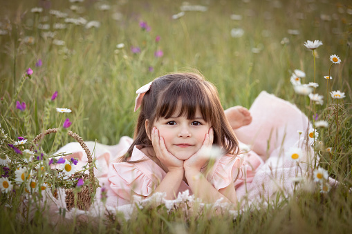 A portrait of happy small girl in grass in nature, holding flower.