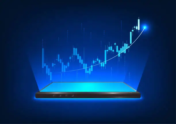 Vector illustration of Smartphone technology that displays price graphs in the capital market Allows you to trade stocks via mobile phone and check the status of the price, Mobile phone that projects stock holograms