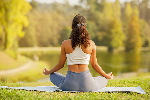 Young sporty woman meditating in lotus position on mat by the lake, rear view, epitome of calmness and wellness, ideal for yoga and fitness ad, outdoors in park on summer morning