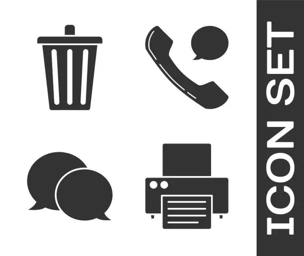 Vector illustration of Set Printer, Trash can, Speech bubble chat and Telephone handset and speech bubble chat icon. Vector
