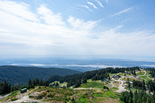 The view from the Grouse Mountain chairlift with Vancouver in the distant background.