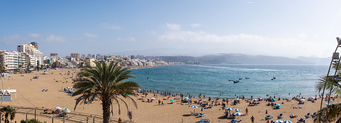 Wide-angle view of Las Canteras beach at Las Palmas de Gran Canaria in the Canary Islands in Spain.