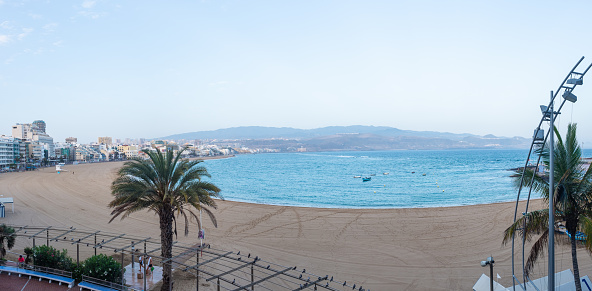 Wide-angle view of Las Canteras beach at Las Palmas de Gran Canaria in the Canary Islands in Spain.