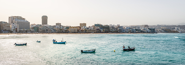 Panorama view of Las Canteras beach at Las Palmas de Gran Canaria in the Canary Islands in Spain.