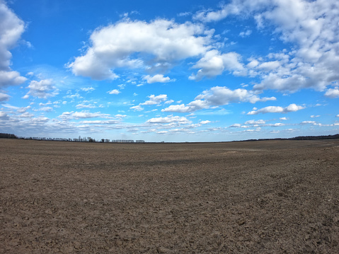 Clear blue sky over a plowed field. Landscape.