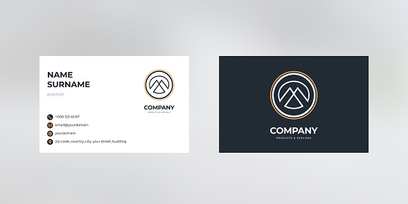 Stylish business card design template with black round logo on white and dark blue backgrounds, mountains on the logo, double-sided vector layout of the business card