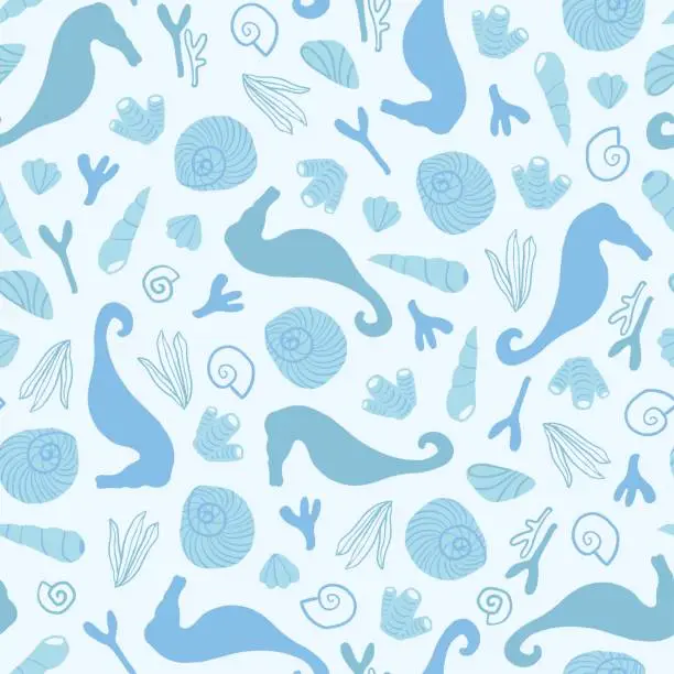 Vector illustration of Sea life, ocean seamless pattern with underwater life objects: seahorses, corals, algae and seashells in blue and white colors. Summer, beach, vacation hand drawn repeat pattern for textile, paper design.