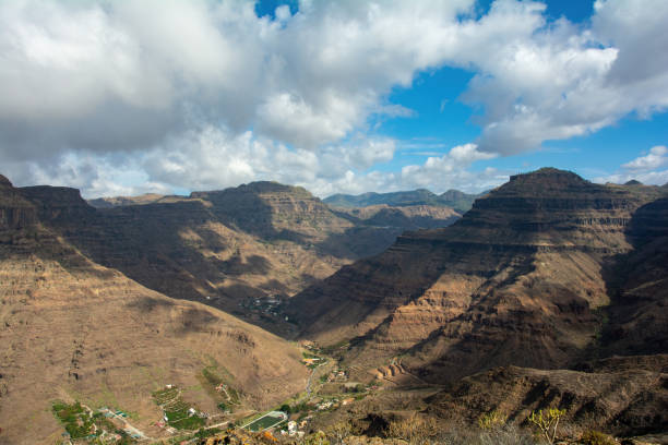 Mountains with a small village in the valley on the Canary Island of Gran Canaria in Spain, with blue sky and clouds