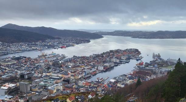 Aerial view of Bergen from Mount Fløyen Dec 2023 - Bergen, Norway - Mount Fløyen is a popular tourist attraction located in Bergen, Norway. It is known for its panoramic views of the city and surrounding fjords. The mountain is easily accessible by a funicular railway, which takes visitors to the summit in just a few minutes. At the top, there are several hiking trails, a restaurant, and a souvenir shop. Mount Fløyen is also home to a large population of goats, which can often be seen grazing in the area. fløyen stock pictures, royalty-free photos & images