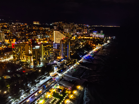 A view of nighttime Sochi from the air. High quality photo