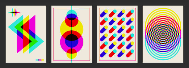 projekt plakatu risograph. efekt risografu, geometryczne, abstrakcyjne kształty, minimalistyczny wydruk artystyczny. - century stock illustrations