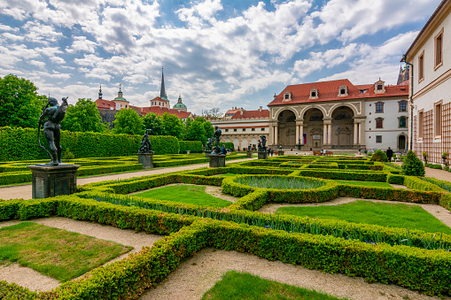 Prague, Czech Republic - April 2019: Wallenstein palace and gardens in Mala Strana