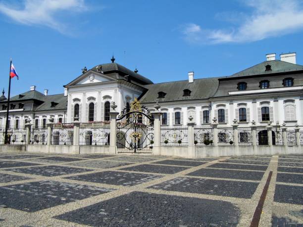 Bratislava old town historical building architecture downtown main street square Parliament house Slovakia flag
