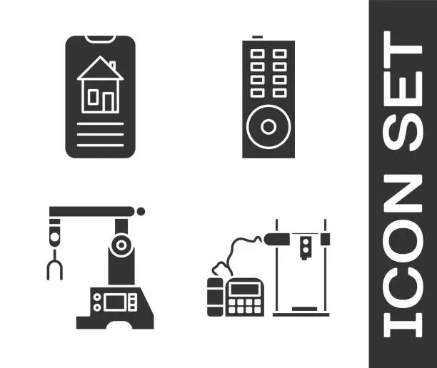 Vector illustration of Set 3D printer, Smart home, Assembly line and Remote control icon. Vector