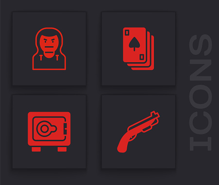 Set Police shotgun, Thief mask, Playing cards and Safe icon. Vector.