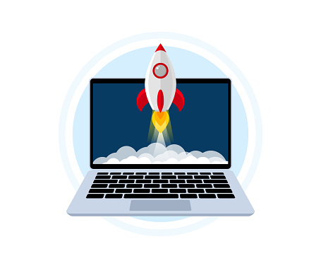 Business start up. Rocket launch from laptop screen. Rocket taking off. Business start up, launching new product or service. Successful start-up launch new business project. Vector illustration