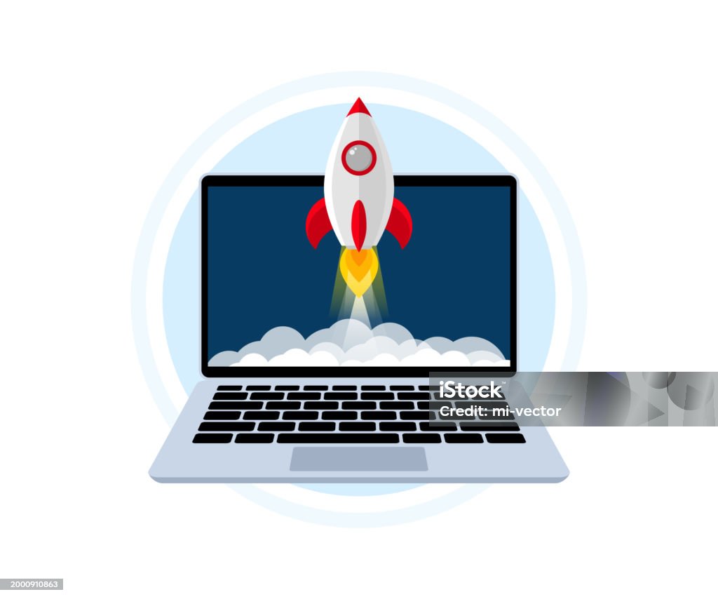 Start Up Rockets Business Start Up Rocket Launch From Laptop Screen Rocket Taking Off ...