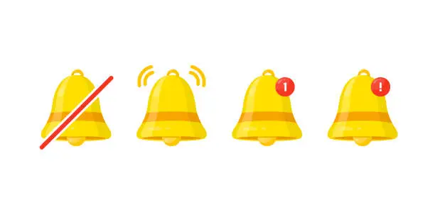 Vector illustration of Notification bell icon set. New message notification icon. Incoming inbox message. Alarm symbol. Ringing bells, new notification for clock and smartphone, alarm alert. Vector illustration