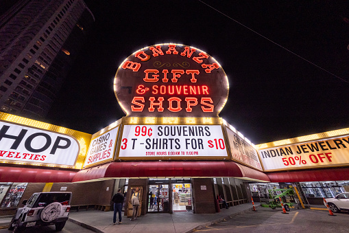 Las Vegas, NV, USA January 16th 2024 Bonanza Gift and Souvenir Shops entrance at night in Las Vegas Strip