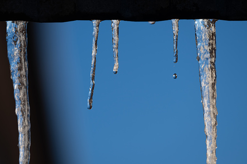Water dropping from icicles of a roof