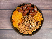 Nuts and dried fruits. Walnuts, almonds, dried apricots, raisins and dates. Healthy food and snacks. Oriental sweets