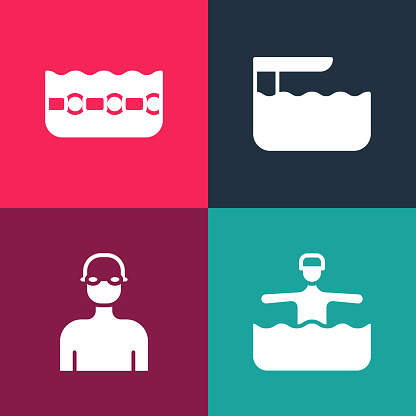 Set pop art Water gymnastics Swimmer Diving board or springboard and Swimming pool icon. Vector.