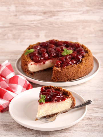 Homemade cherry topping cheesecake slice on plate