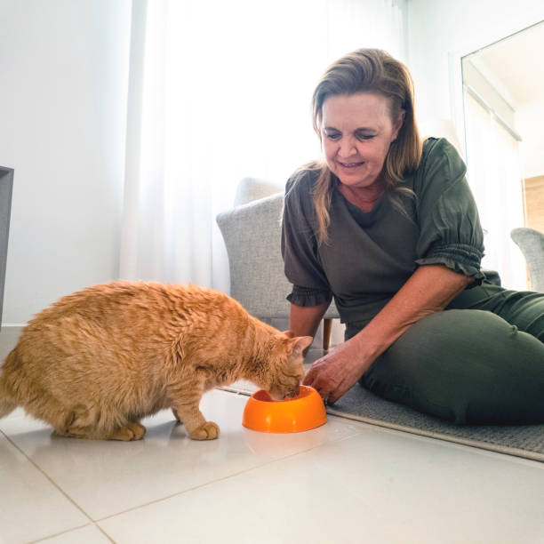 Photo of a mature woman and his ginger cat at home.