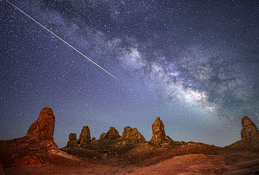 Trona Pinnacles and Meteor ,CA. Tufa spires rising from the bed of Searles Dry Lake. A large meteor streak on my last exposure of the Pinnacles and Milky Way.